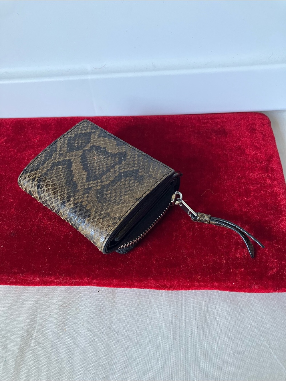 Allsaints Lena Snake Python Embossed Leather Brown Zip Around Compact Wallet